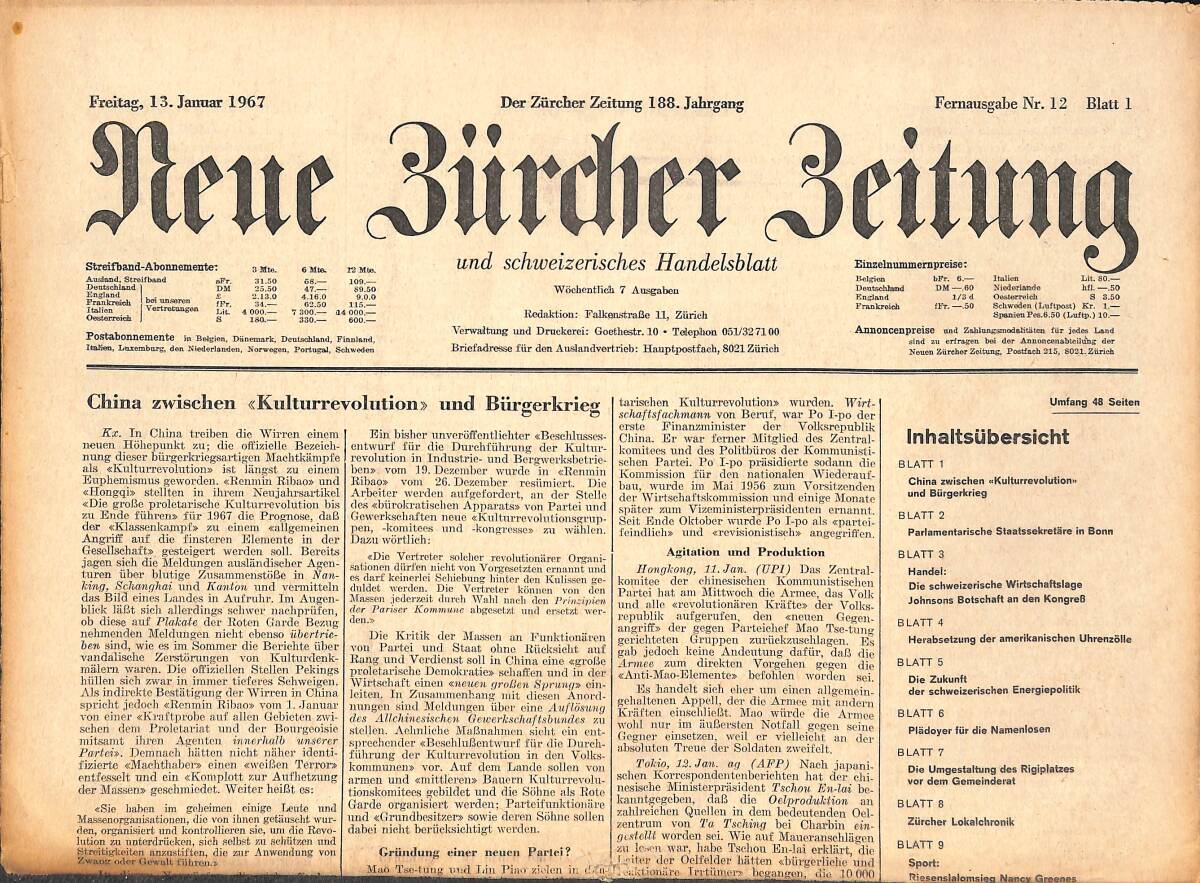 Neue Bürcher Beitung 13 Jannuar 1967 - China Zwischen Kulturrevolution Und Bürgerkrieg GZ141901 - 1