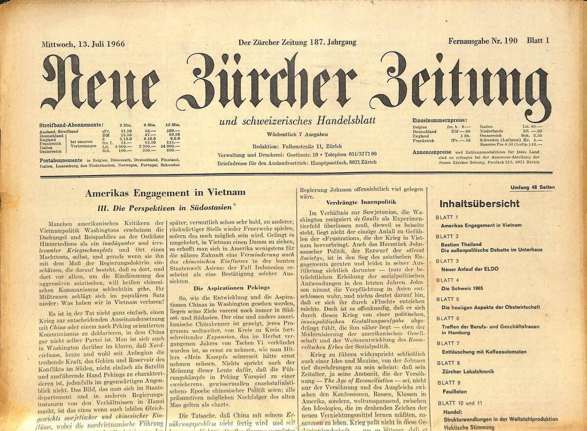 Neue Bürcher Beitung 13 Juli 1966 - Amerikas Engagement İn Vietnam GZ141619 - 1