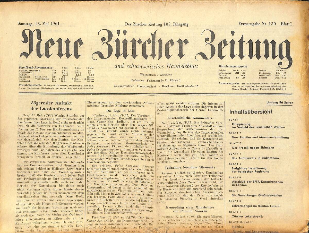 Neue Bürcher Beitung 13 Mai 1961 - Zögernder Auftakt Der Laoskonferenz GZ141597 - 1