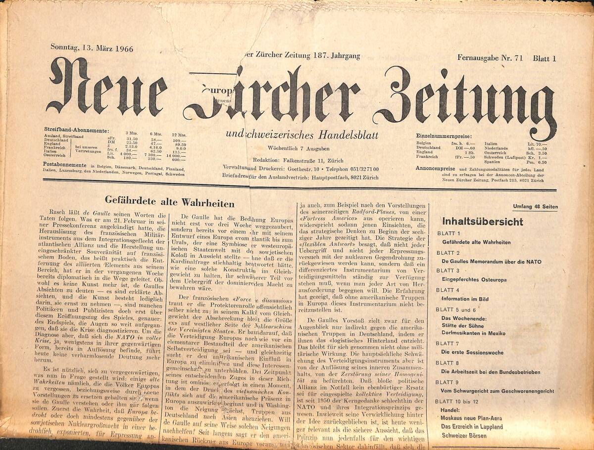 Neue Bürcher Beitung 13 Marz 1966 - Gefahrdete Alte Wahrheiten GZ140916 - 1