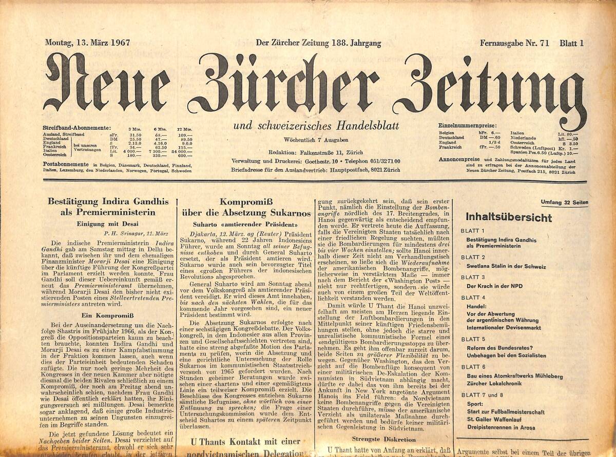 Neue Bürcher Beitung 13 Marz 1967 - Bestatigung Indira Gandhis Als Premierministerin GZ141876 - 1