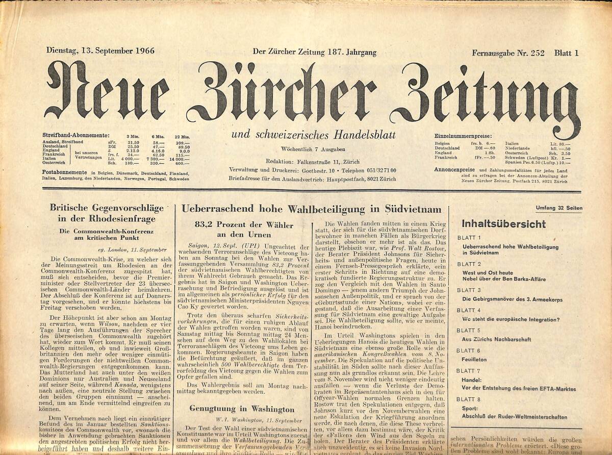 Neue Bürcher Beitung 13 September 1966 - Britische Gegenvorschlage İn Der Rhodesienfrage GZ140932 - 1
