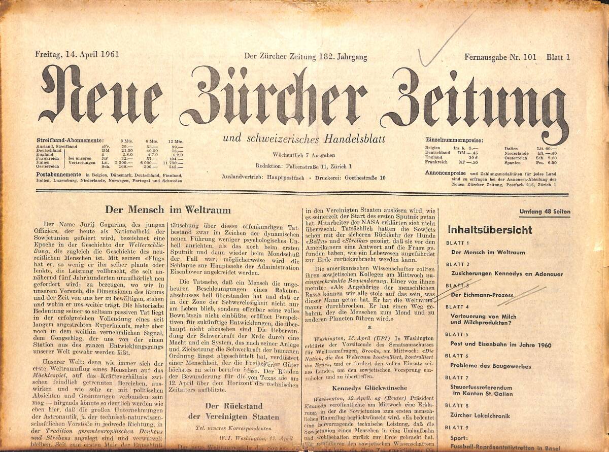 Neue Bürcher Beitung 14 April 1961 - Der Mensch İm Weltraum GZ140928 - 1