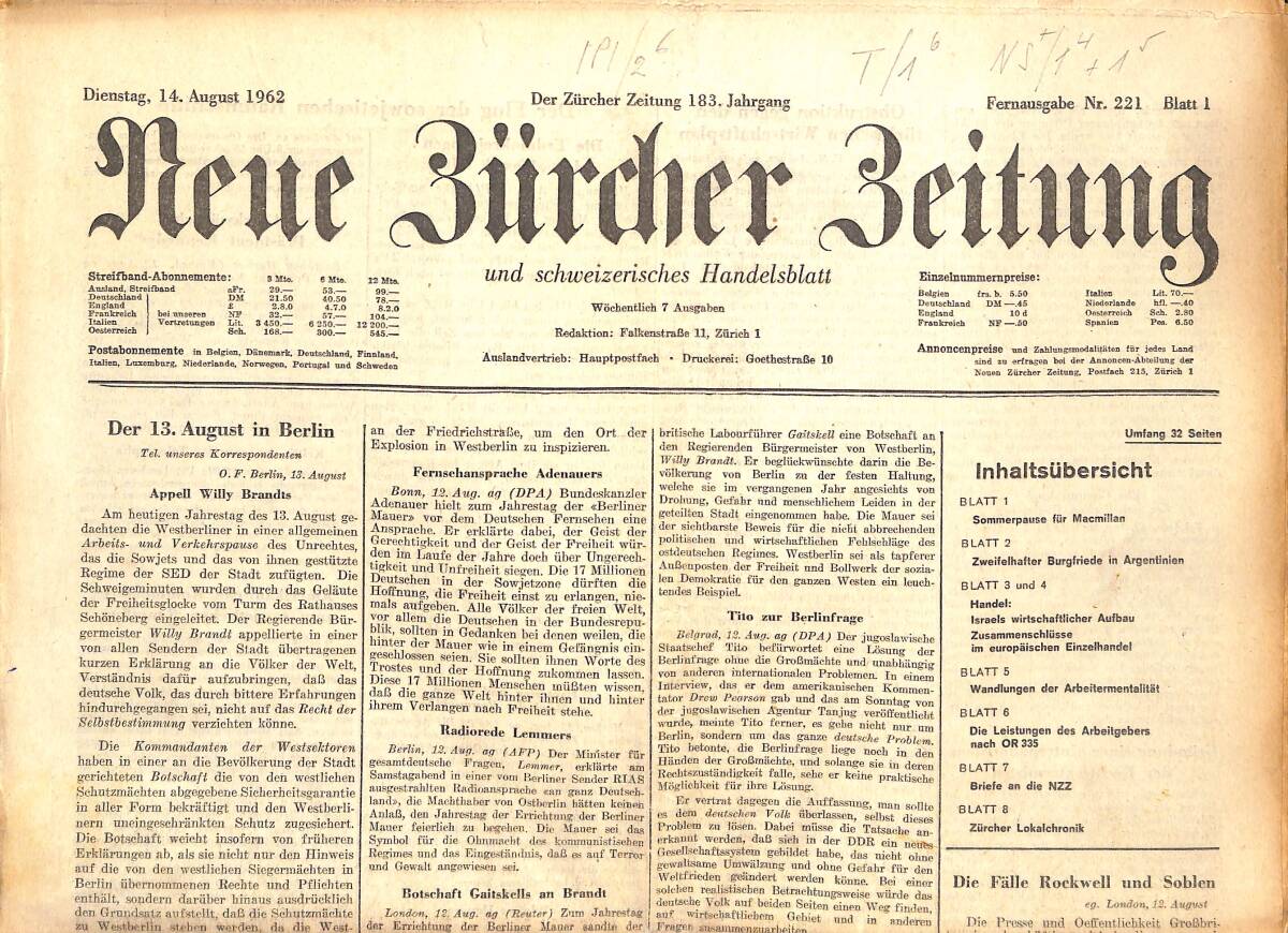 Neue Bürcher Beitung 14 August 1962 - Der 13. August İn Berlin GZ141895 - 1