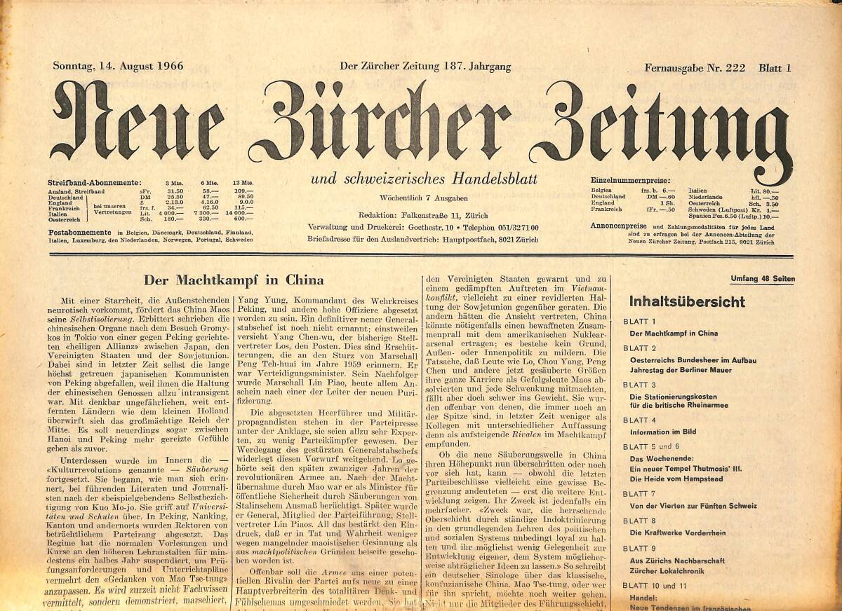 Neue Bürcher Beitung 14 August 1966 - Der Machtkampf İn China GZ141294 - 1