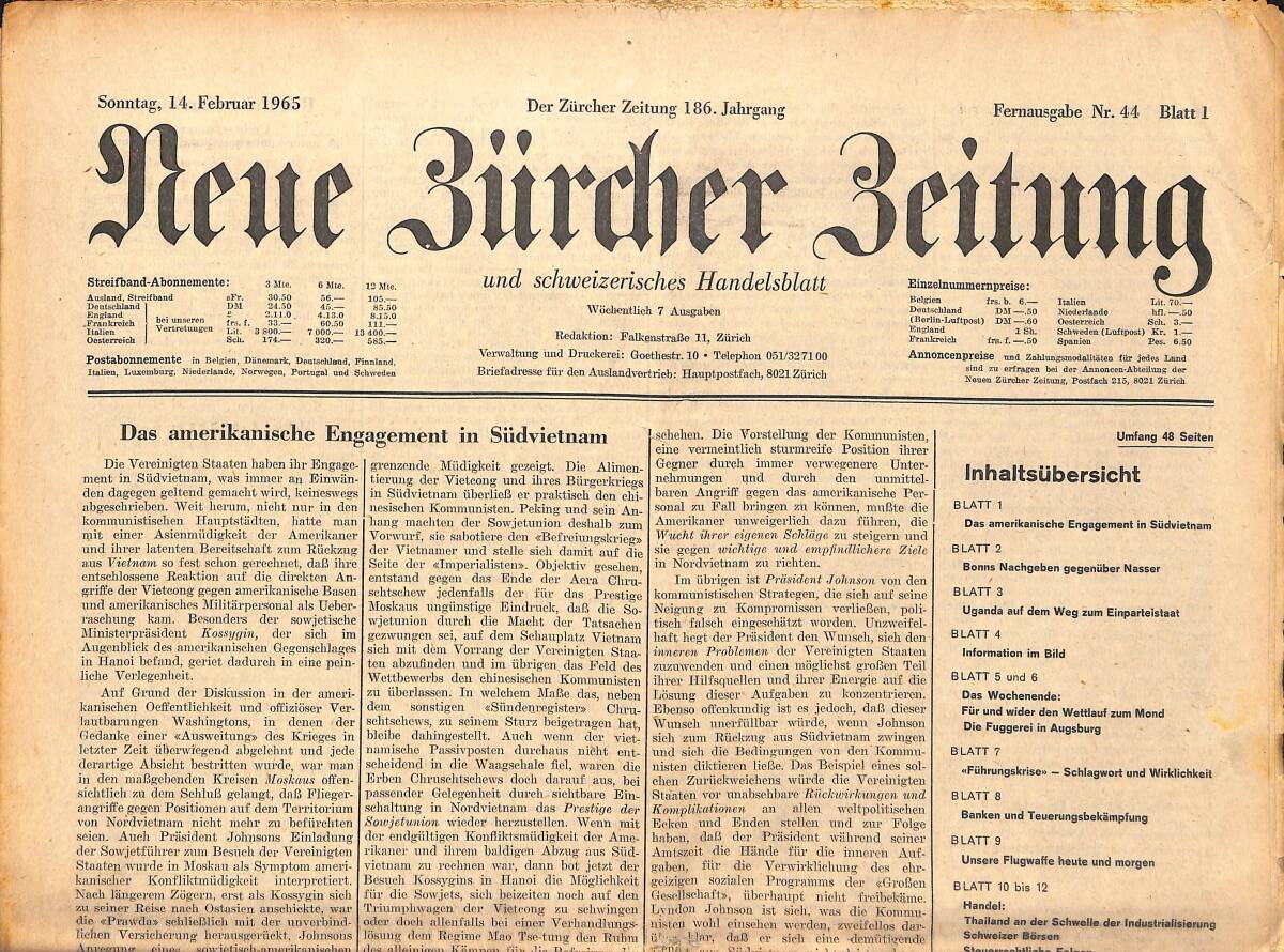 Neue Bürcher Beitung 14 Februar 1965 - Das Amerikanische Engagement İn Südvietmam GZ141359 - 1