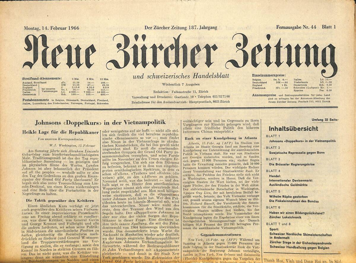 Neue Bürcher Beitung 14 Februar 1966 - Johnsons Doppelkurs İn Der Vietnampolitik GZ140947 - 1