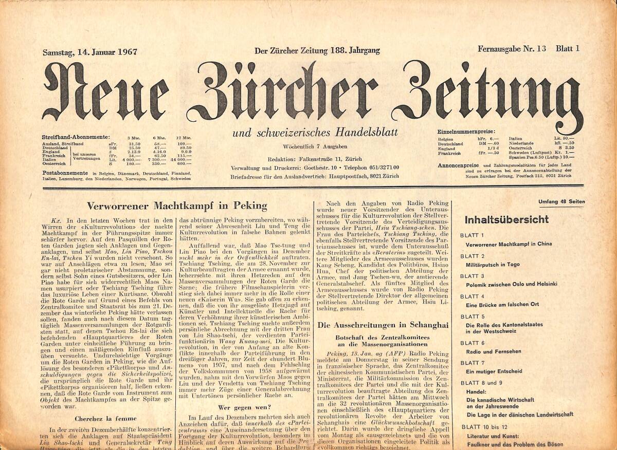 Neue Bürcher Beitung 14 Jannuar 1967 - Verworrener Machtkampf İn Peking GZ141902 - 1