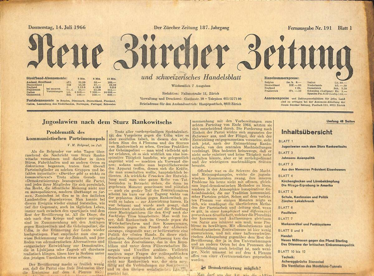 Neue Bürcher Beitung 14 Juli 1966 - Jugoslawien Nach Dem Sturz Rankowitschs GZ141620 - 1
