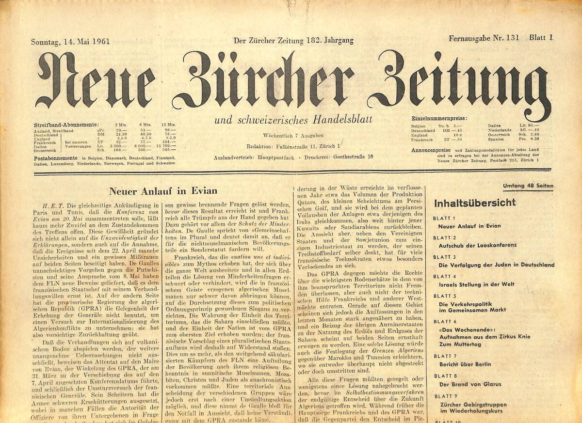 Neue Bürcher Beitung 14 Mai 1961 - Neuer Anlauf İn Evian GZ141598 - 1