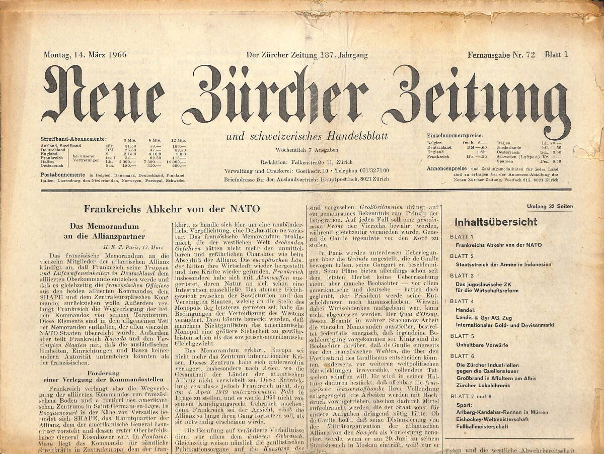 Neue Bürcher Beitung 14 Marz 1966 - Frankreichs Abkehr Von Der Nato GZ140699 - 1