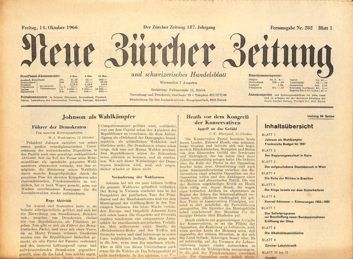 Neue Bürcher Beitung 14 Oktober 1966 - Prasident Johnson Auf Wahltournee İn Der Stadt New York GZ141302 - 1