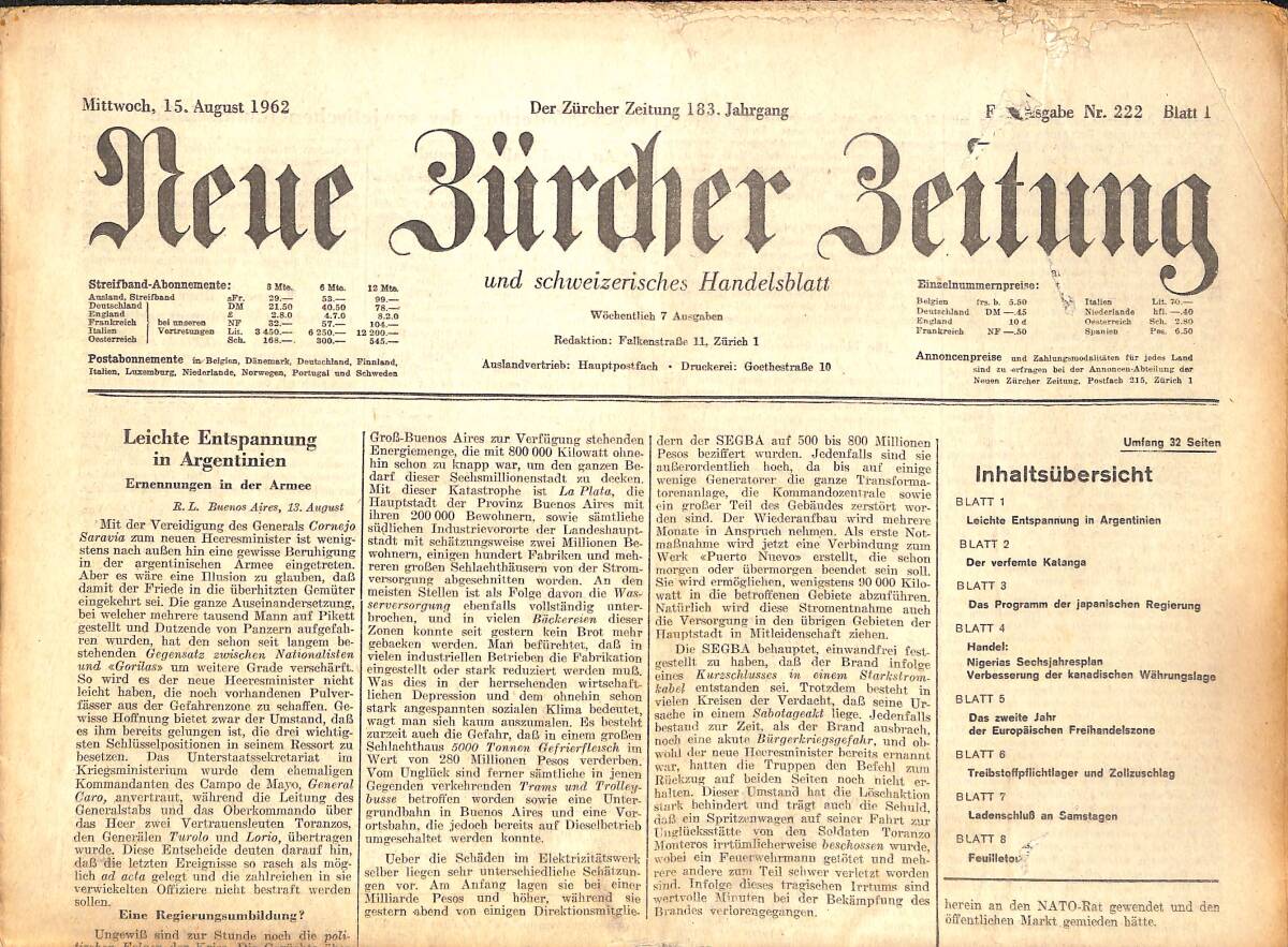 Neue Bürcher Beitung 15 August 1962 - Leichte Entspannung İn Argentinien GZ141896 - 1