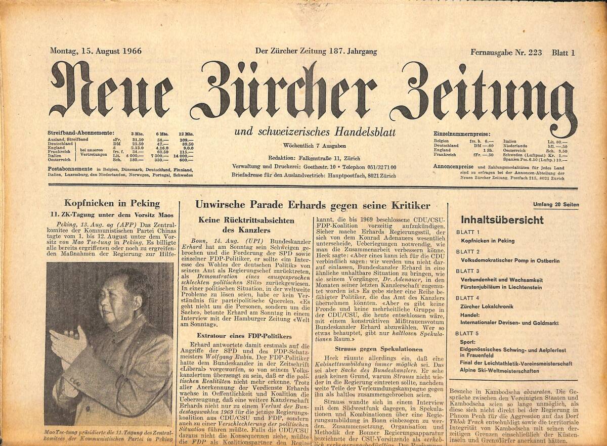Neue Bürcher Beitung 15 August 1966 - Kopfnicken İn Peking GZ141293 - 1