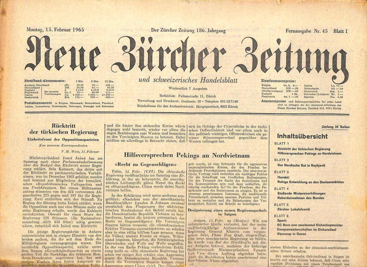 Neue Bürcher Beitung 15 Februar 1965 - Rücktritt Der Türkischen Regierung GZ141862 - 1