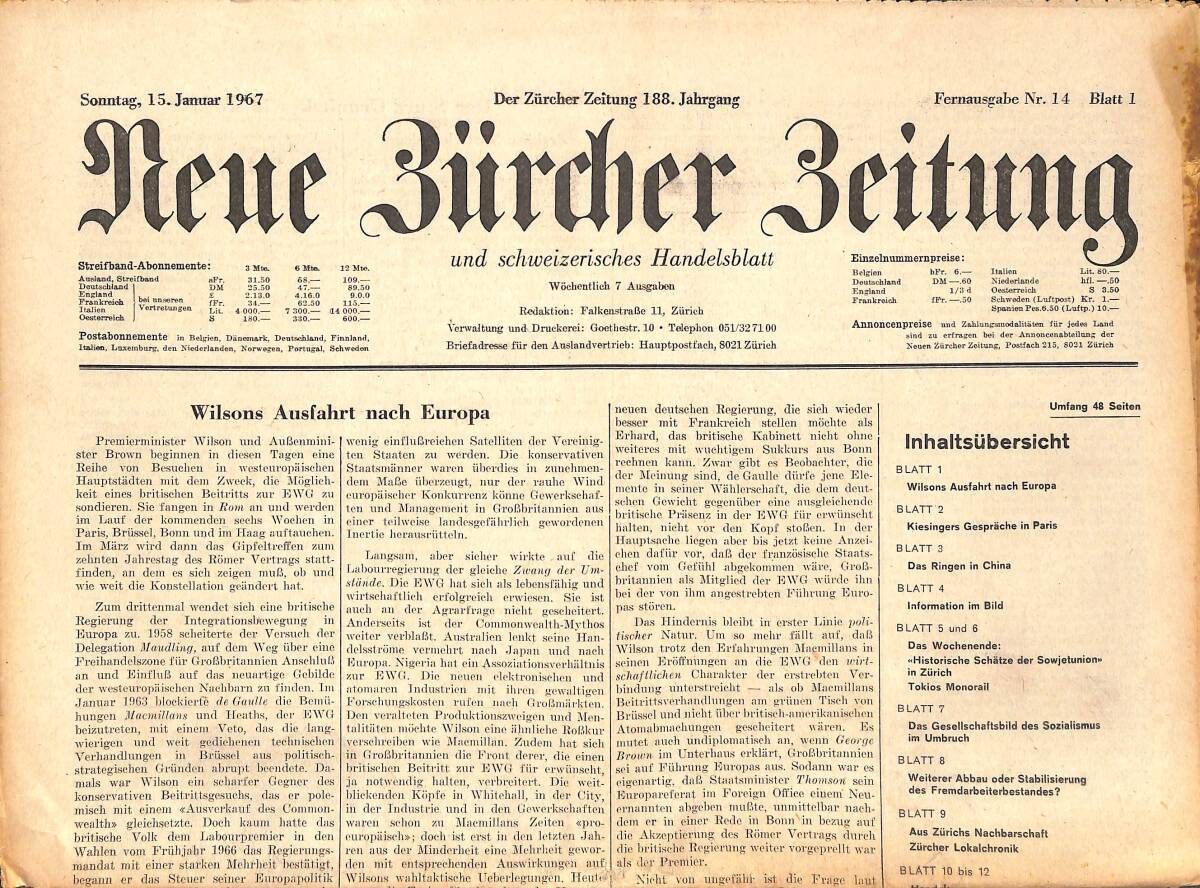 Neue Bürcher Beitung 15 Januar 1967 - Wilsons Ausfahrt Nach Europa GZ141903 - 1