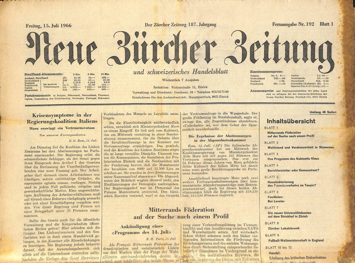 Neue Bürcher Beitung 15 Juli 1966 - Krisensymptome İn Der Regierungskoalition İtaliens GZ141621 - 1