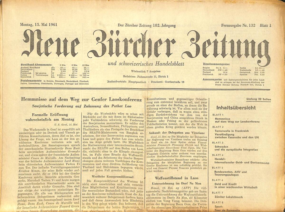 Neue Bürcher Beitung 15 Mai 1961 - Hemmnisse Auf Dem Weg Zur Genfer Laoskonferenz GZ141599 - 1
