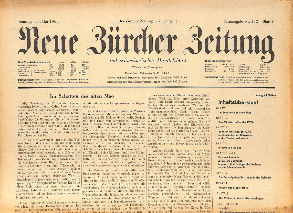Neue Bürcher Beitung 15 Mai 1966 - Im Schatten Des Alten Mao GZ141279 - 1
