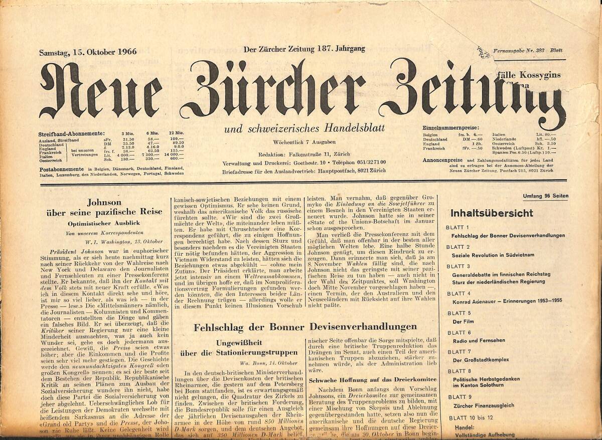 Neue Bürcher Beitung 15 Oktober 1966 - Johnson Über Seine Pazifische Reise GZ141301 - 1