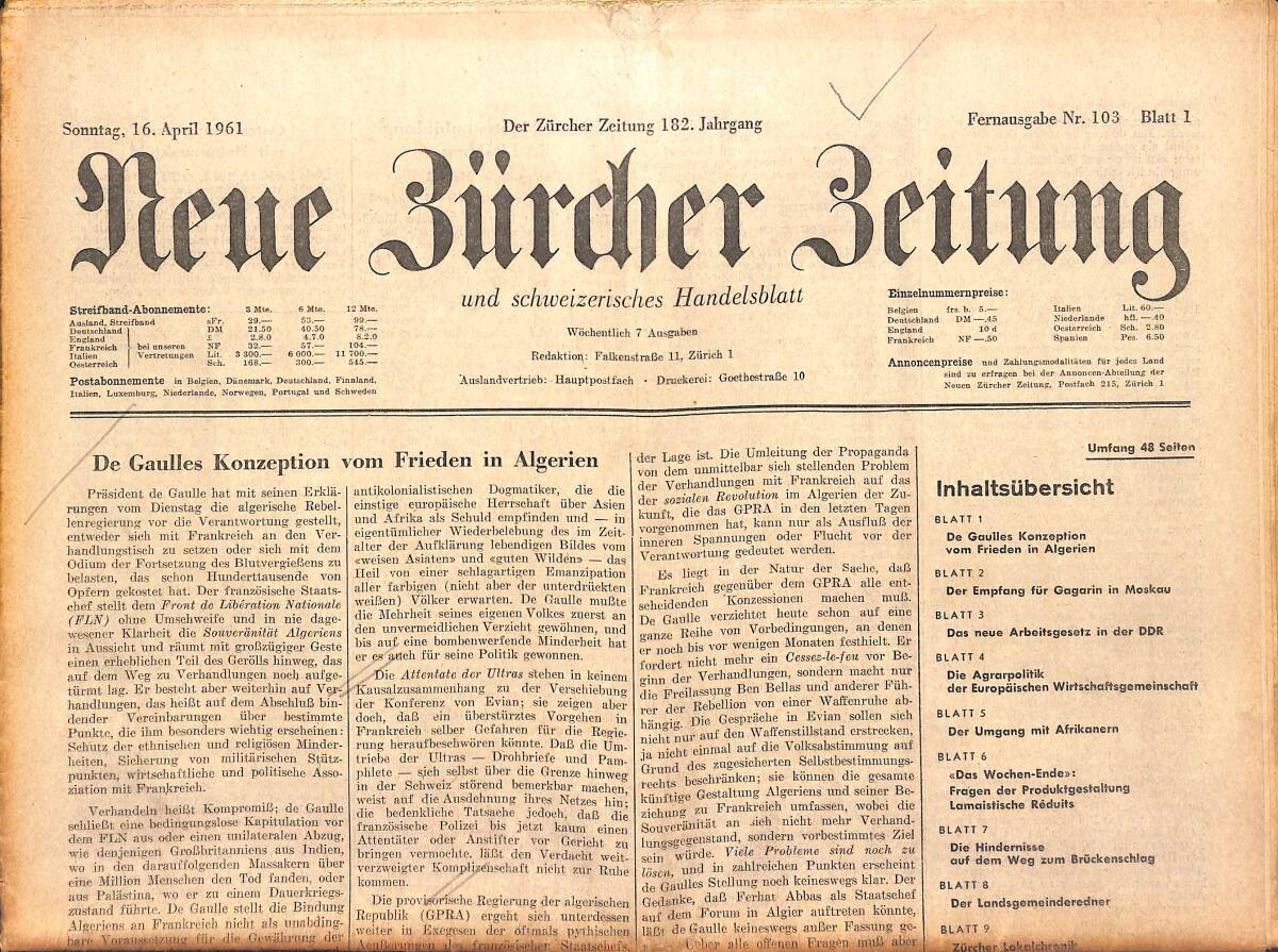 Neue Bürcher Beitung 16 April 1961 - De Gaulles Konzeption Vom Frieden İn Algerien GZ140927 - 1