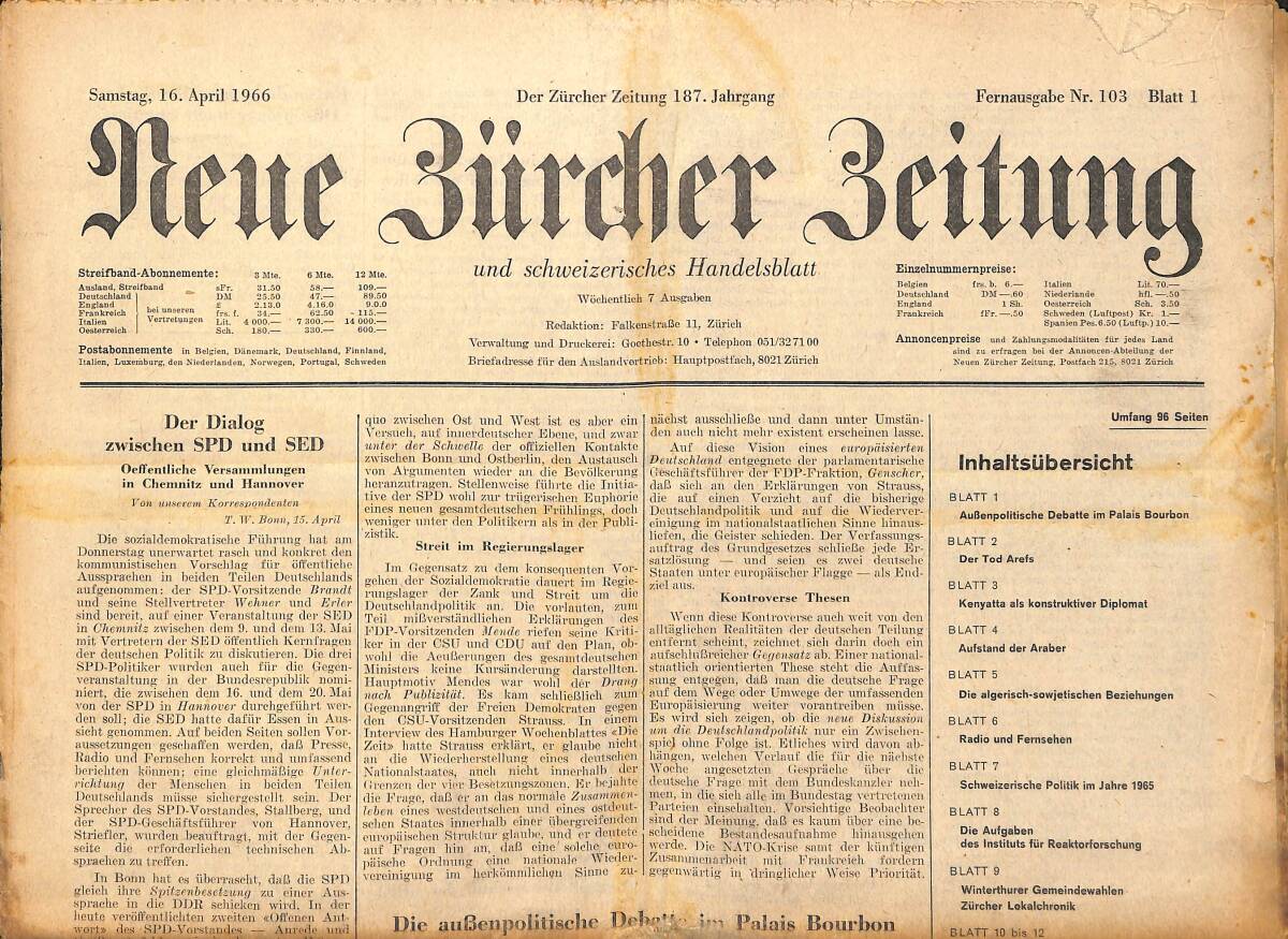 Neue Bürcher Beitung 16 April 1966 - Der Dialog Zwischen SPD Und SED GZ141327 - 1