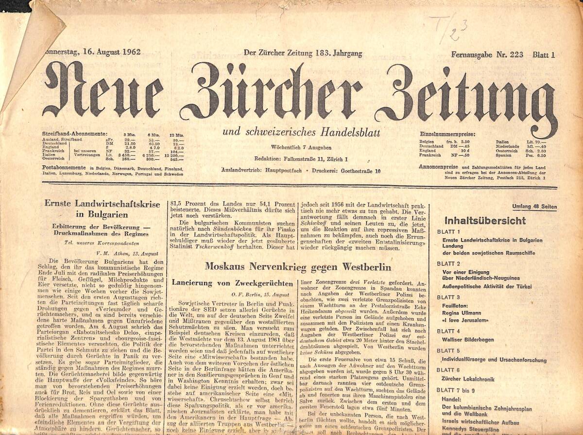 Neue Bürcher Beitung 16 August 1962 - Ernste Landwirtschaftskrise İn Bulgarien GZ141897 - 1