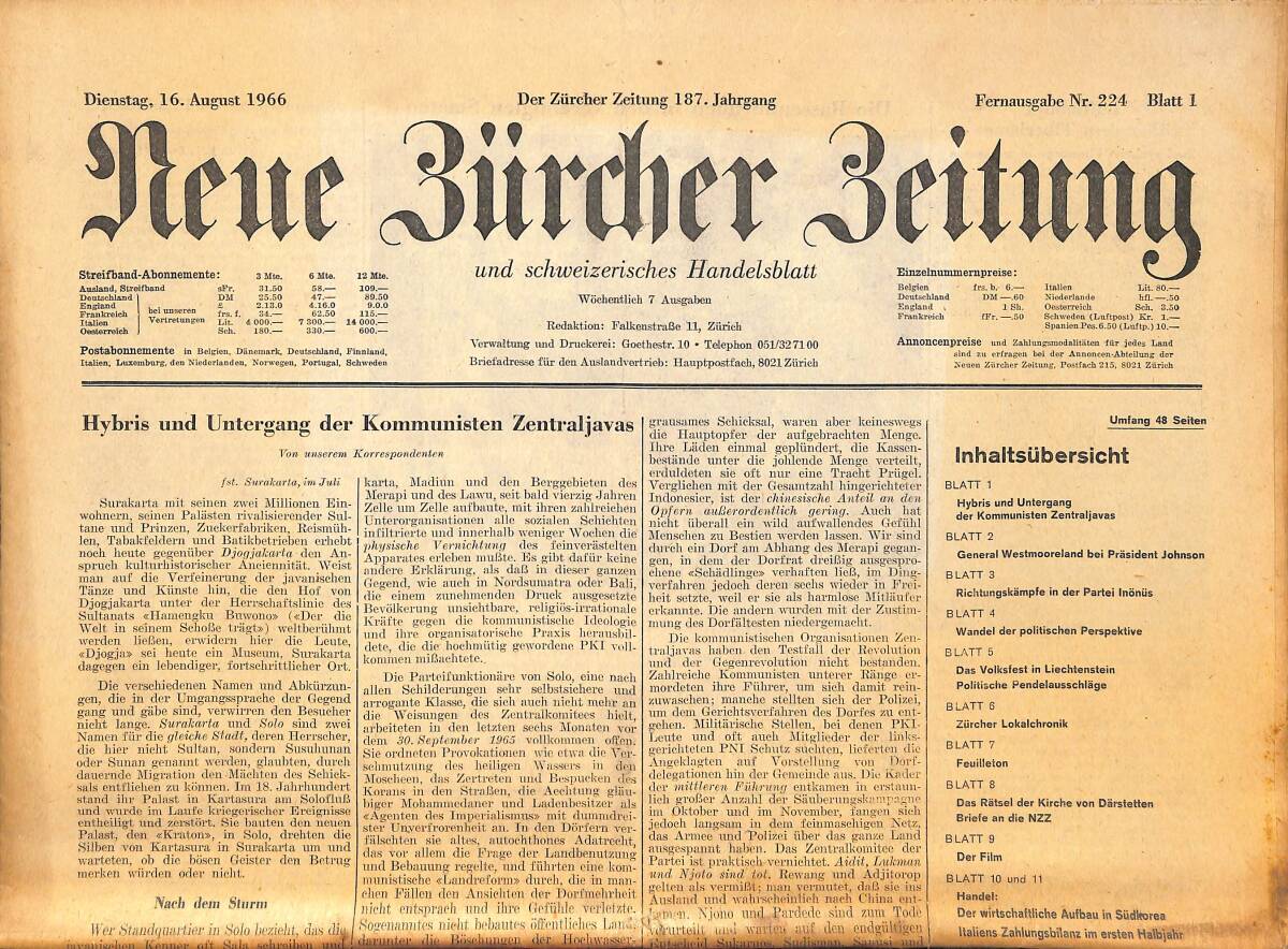 Neue Bürcher Beitung 16 August 1966 - Hybris Und Untergang Der Kommunisten Zentraljavas GZ141292 - 1