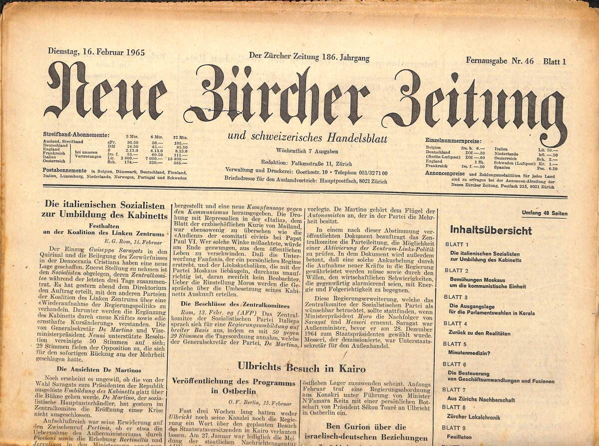 Neue Bürcher Beitung 16 Februar 1965 - Die İtalienisehen Sozialisten Zur Umbildung Des Kabinetts GZ141863 - 1