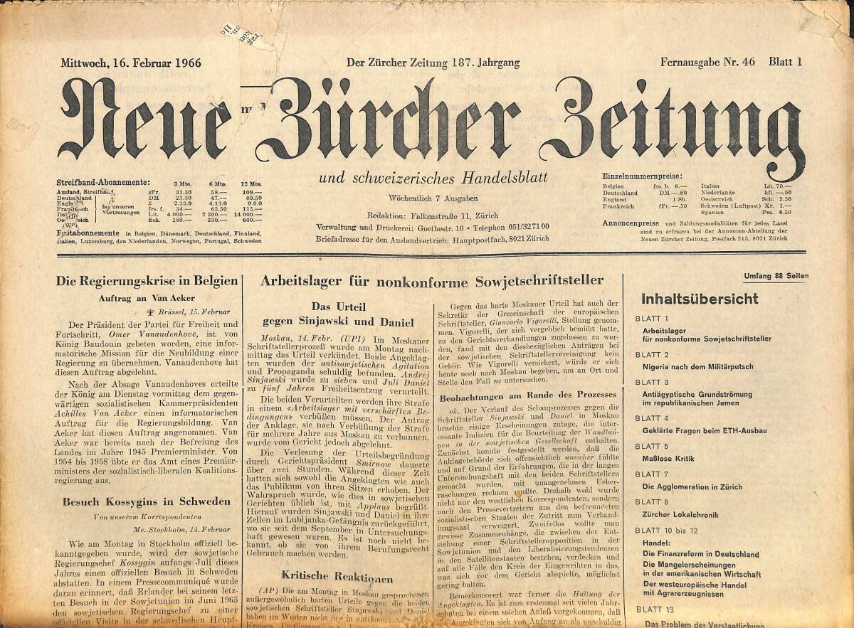 Neue Bürcher Beitung 16 Februar 1966 - Die Regierungskrise İn Belgien GZ140948 - 1