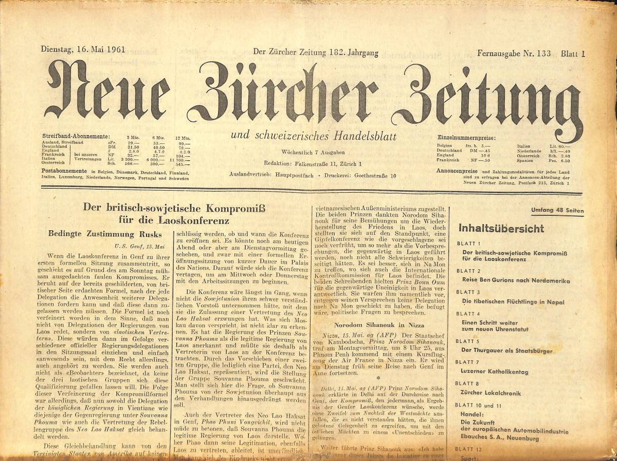 Neue Bürcher Beitung 16 Mai 1961 - Der Britisch - Sowjetische Kompromib Für Die Laoskonferenz GZ141600 - 1