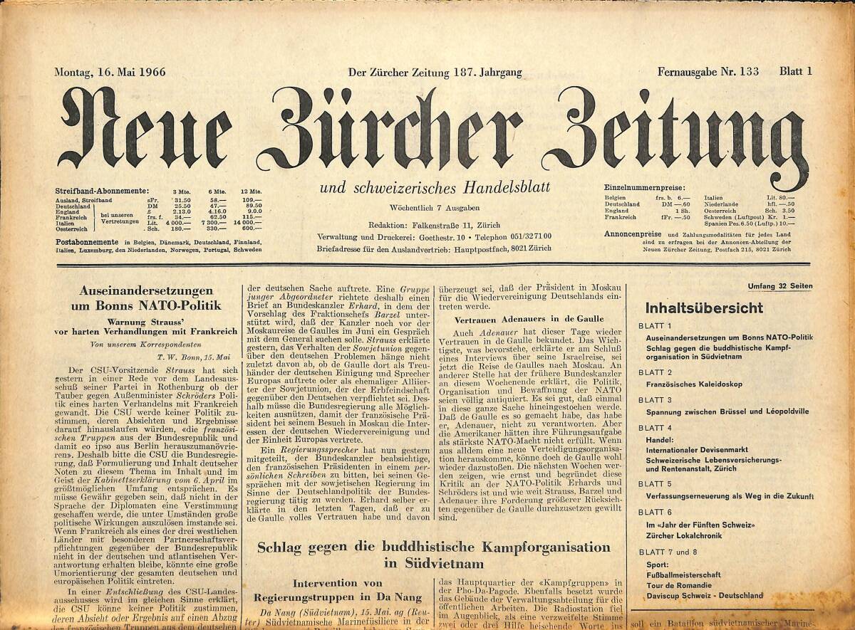 Neue Bürcher Beitung 16 Mai 1966 - Auseinandersetzungen Um Bonns NATO -Politik GZ141566 - 1