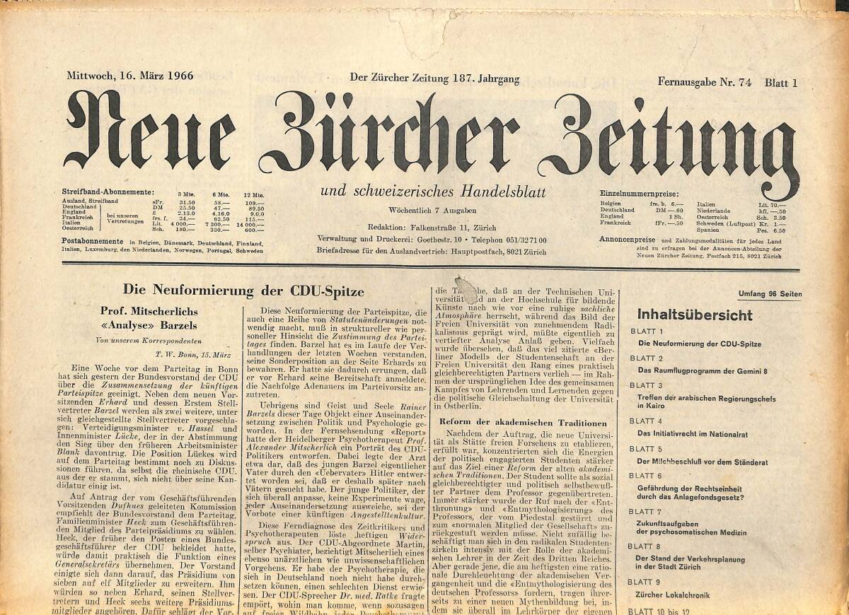 Neue Bürcher Beitung 16 Marz 1966 - Das Raumflugprogramm Der Gemini 8 GZ140700 - 1