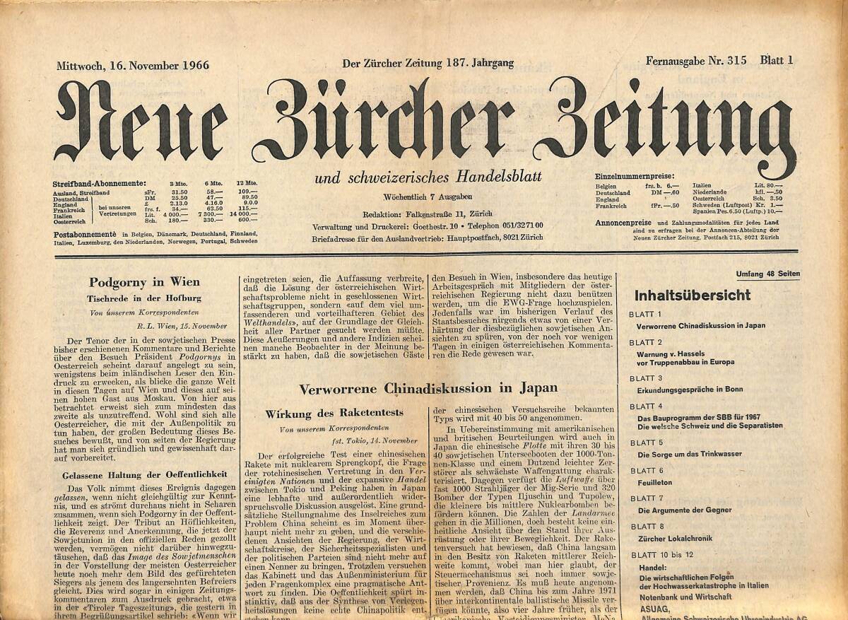 Neue Bürcher Beitung 16 November 1966 - Lord Mayor's Banguet İn London GZ141313 - 1