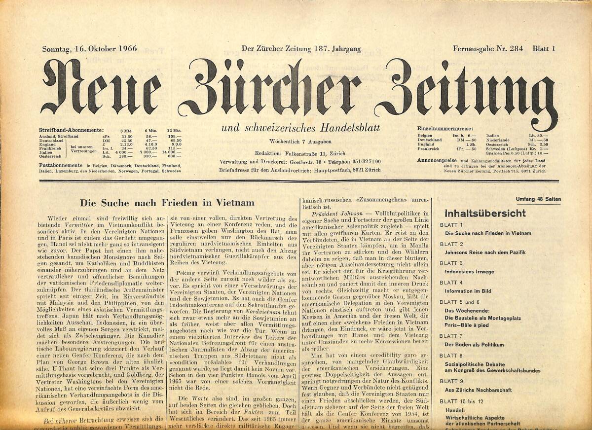 Neue Bürcher Beitung 16 Oktober 1966 - Die Suche Nach Frieden İn Vietnam GZ140956 - 1