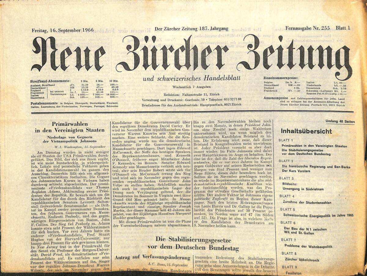 Neue Bürcher Beitung 16 September 1966 - Primarwahlen İn Den Vereinigten Staaten GZ140941 - 1