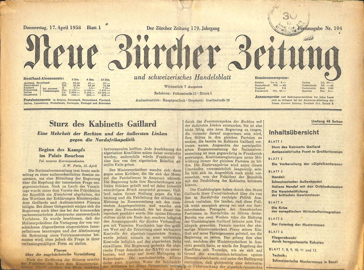 Neue Bürcher Beitung 17 April 1958 - Sturz Des Kabinetts Gaillard GZ140945 - 1