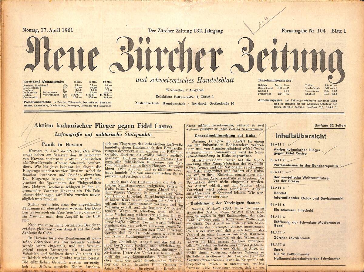 Neue Bürcher Beitung 17 April 1961 - Aktİon Kubanischer Flieger Gegen Fidel Castro GZ140926 - 1
