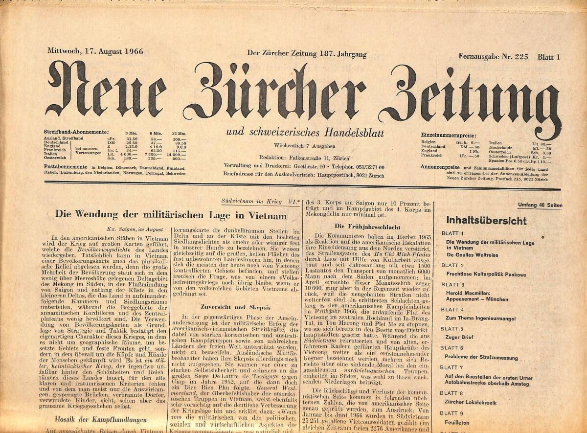 Neue Bürcher Beitung 17 August 1966 - Die Wendung Der Militarisehen Lage İn Vietnam GZ141291 - 1