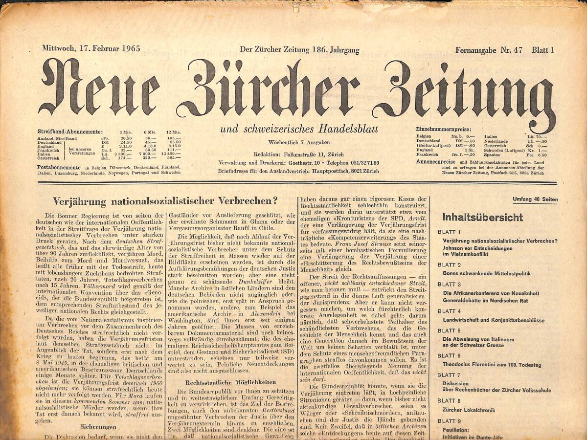 Neue Bürcher Beitung 17 Februar 1965 - Verjahrunng Nationalsozialistischer Verbrechen? GZ141864 - 1