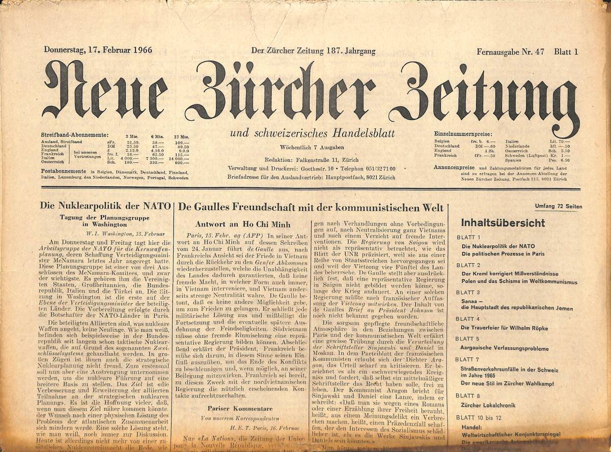Neue Bürcher Beitung 17 Februar 1966 - Die Nuklear Der NATO GZ141652 - 1