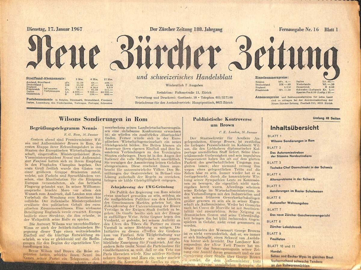 Neue Bürcher Beitung 17 Januar 1967 - Wilsons Sondierungen İn Rom GZ141630 - 1