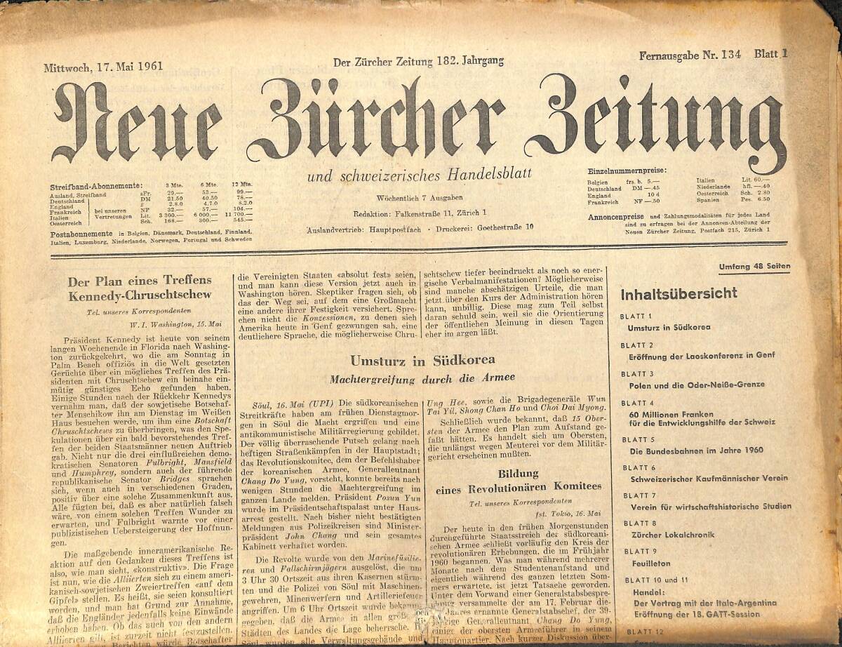Neue Bürcher Beitung 17 Mai 1961 - Der Plan Eines Treffens Kennedy - Chrusehtschew GZ141579 - 1
