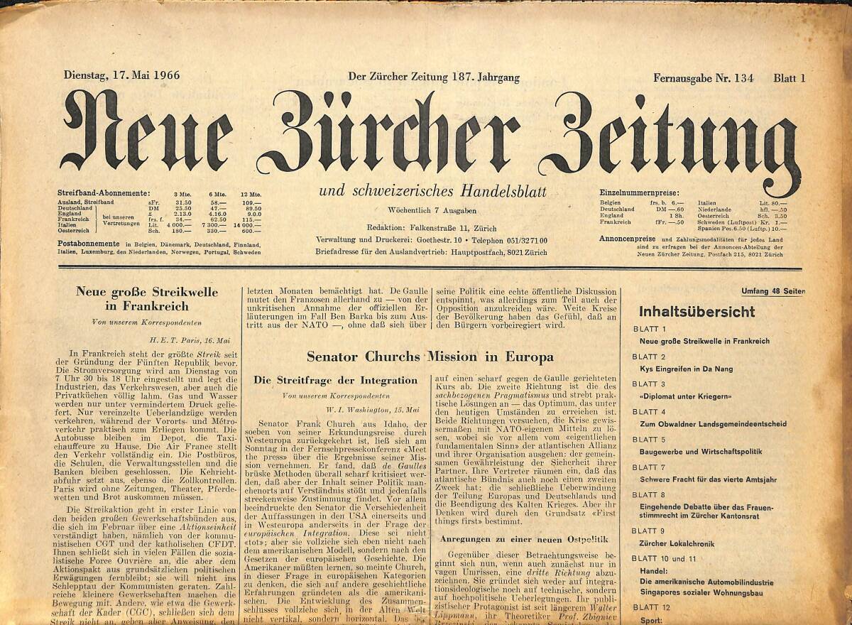 Neue Bürcher Beitung 17 Mai 1966 - Neuse Grobe Streikwelle İn Frankreich GZ141567 - 1
