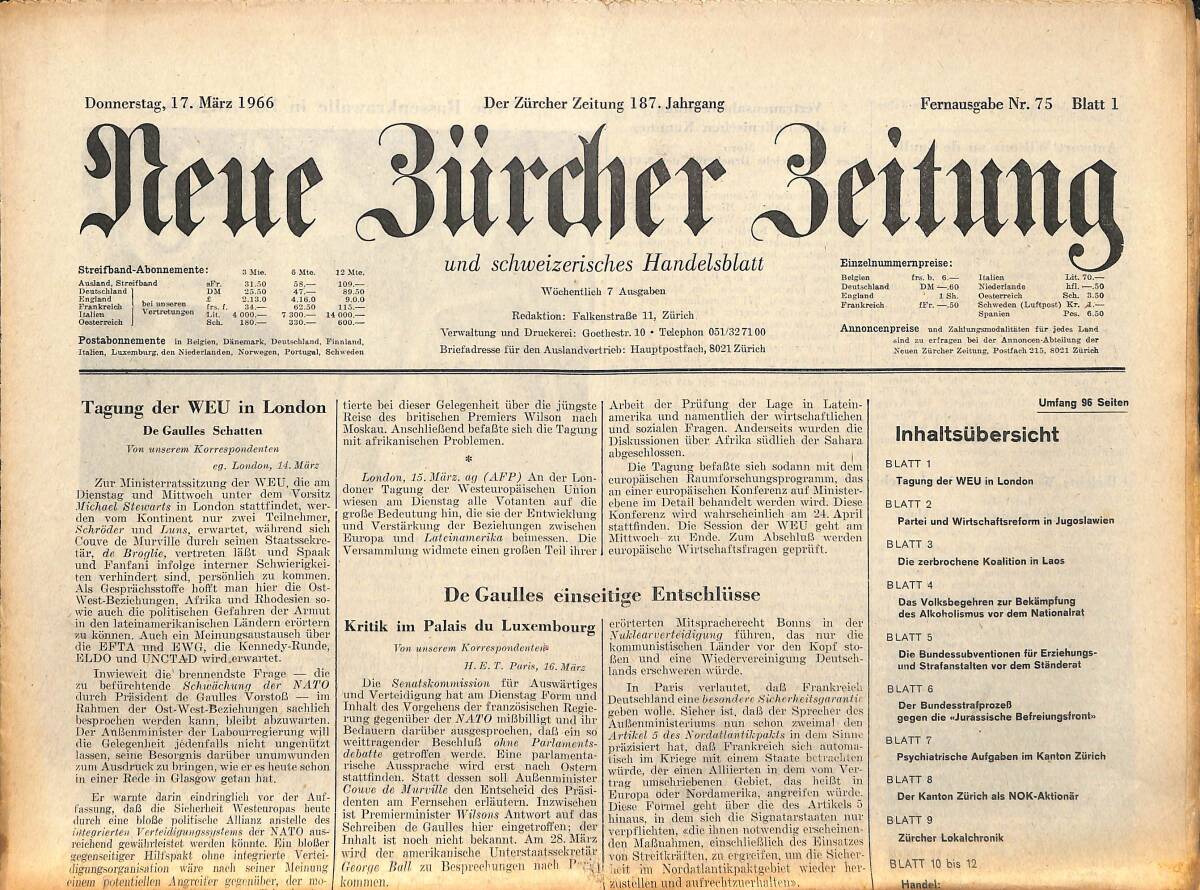 Neue Bürcher Beitung 17 Marz 1966 - De Gaulles Einseitige Entschlüsse GZ140863 - 1