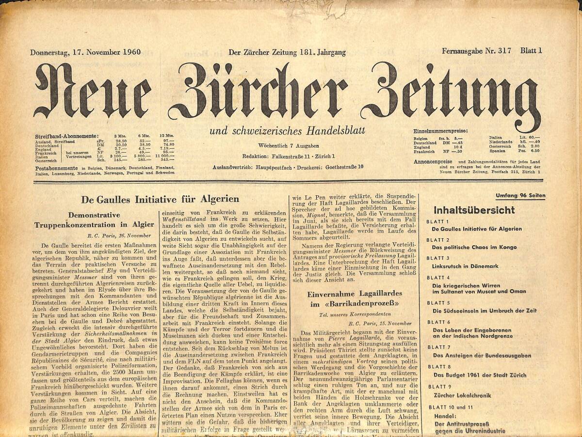 Neue Bürcher Beitung 17 November 1960 - De Gaulles Initiative Für Algerien GZ141622 - 1