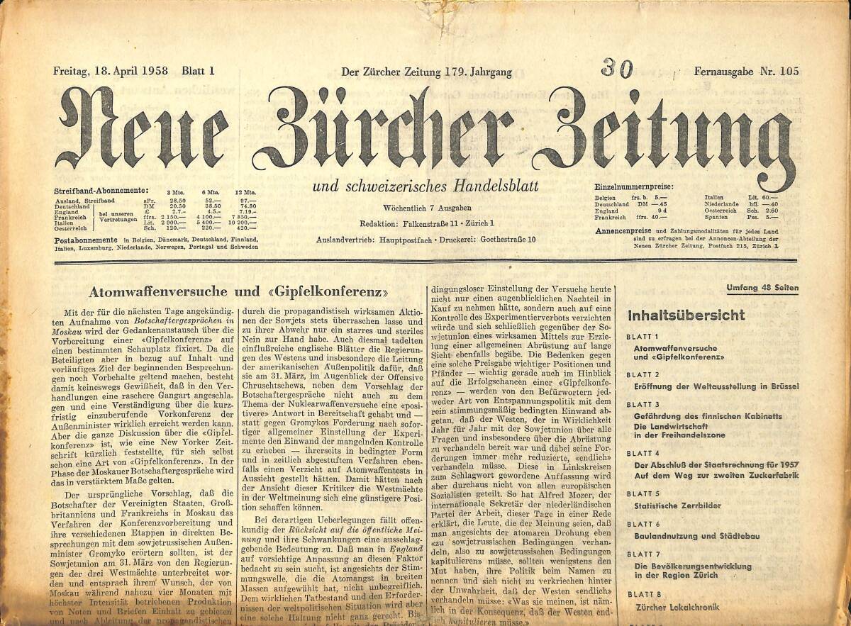 Neue Bürcher Beitung 18 April 1958 - Atomwaffenversuche Und Gipfelkonferenz GZ140944 - 1