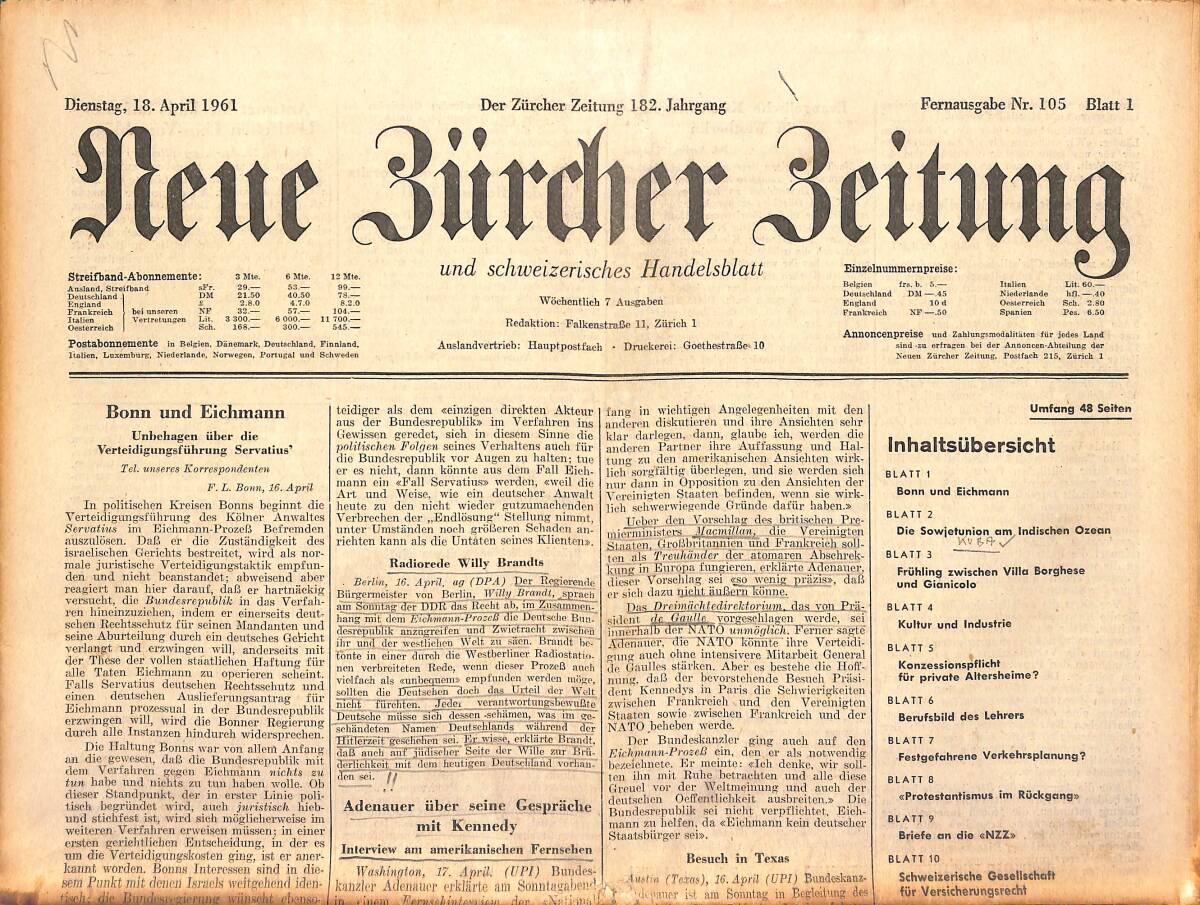 Neue Bürcher Beitung 18 April 1961 - Bonn Und Eichmann GZ140925 - 1
