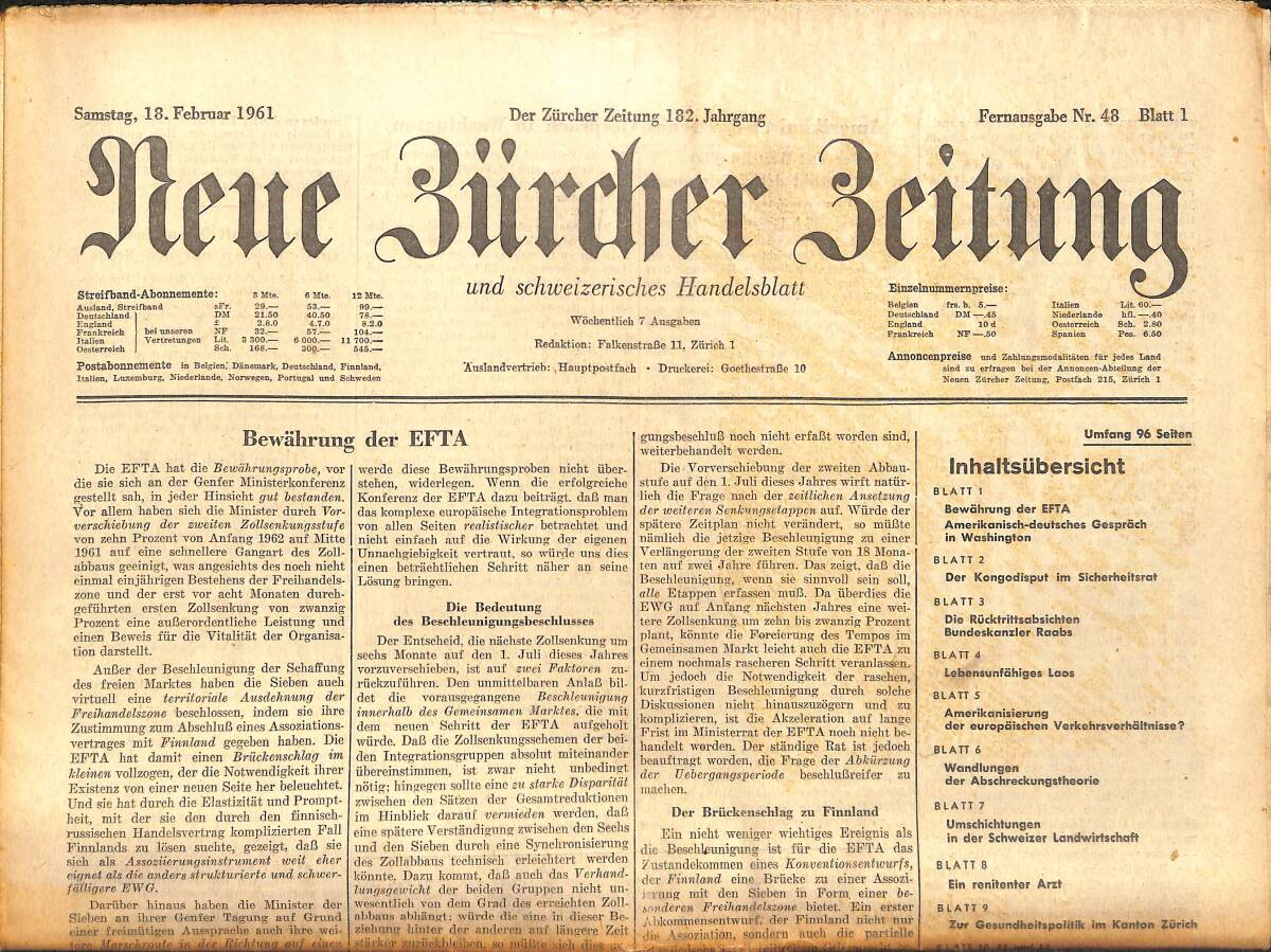 Neue Bürcher Beitung 18 Februar 1961 - Bewahrung Der EFTA GZ141341 - 1