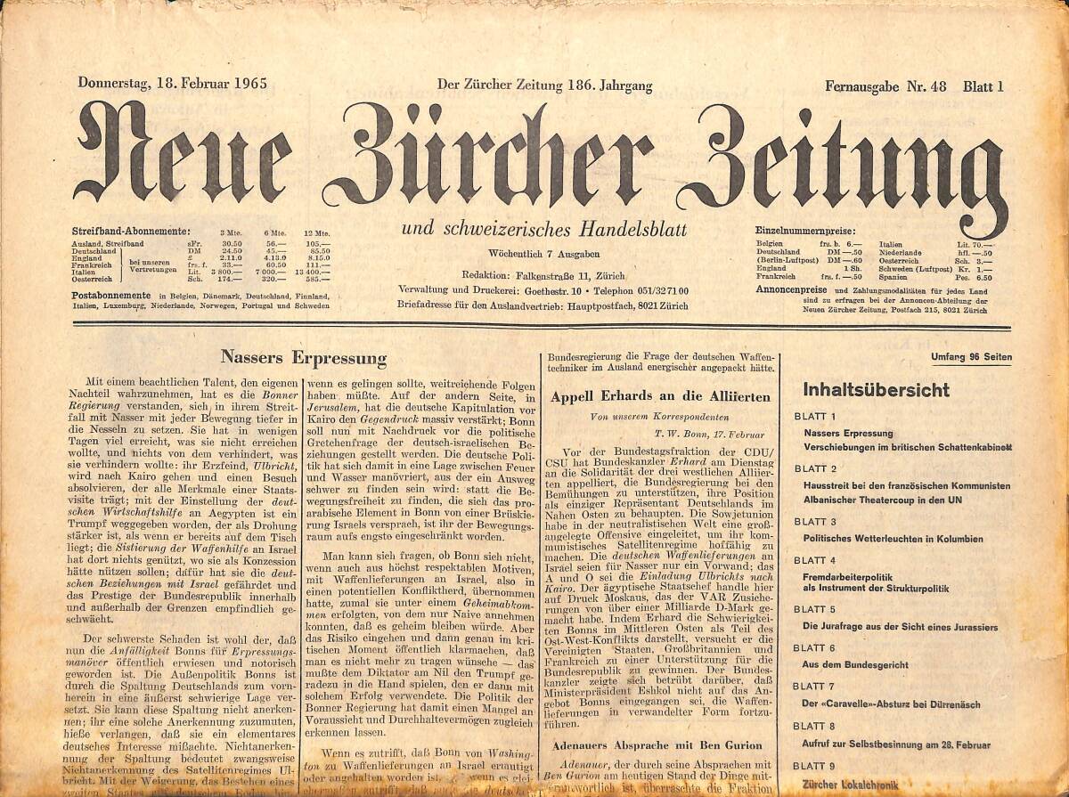 Neue Bürcher Beitung 18 Februar 1965 - Nassers Erpressung GZ141865 - 1